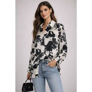 ZARA Ivory & Black Abstract Floral Button-Up Blouse Oversized Silk-Look Shirt XS